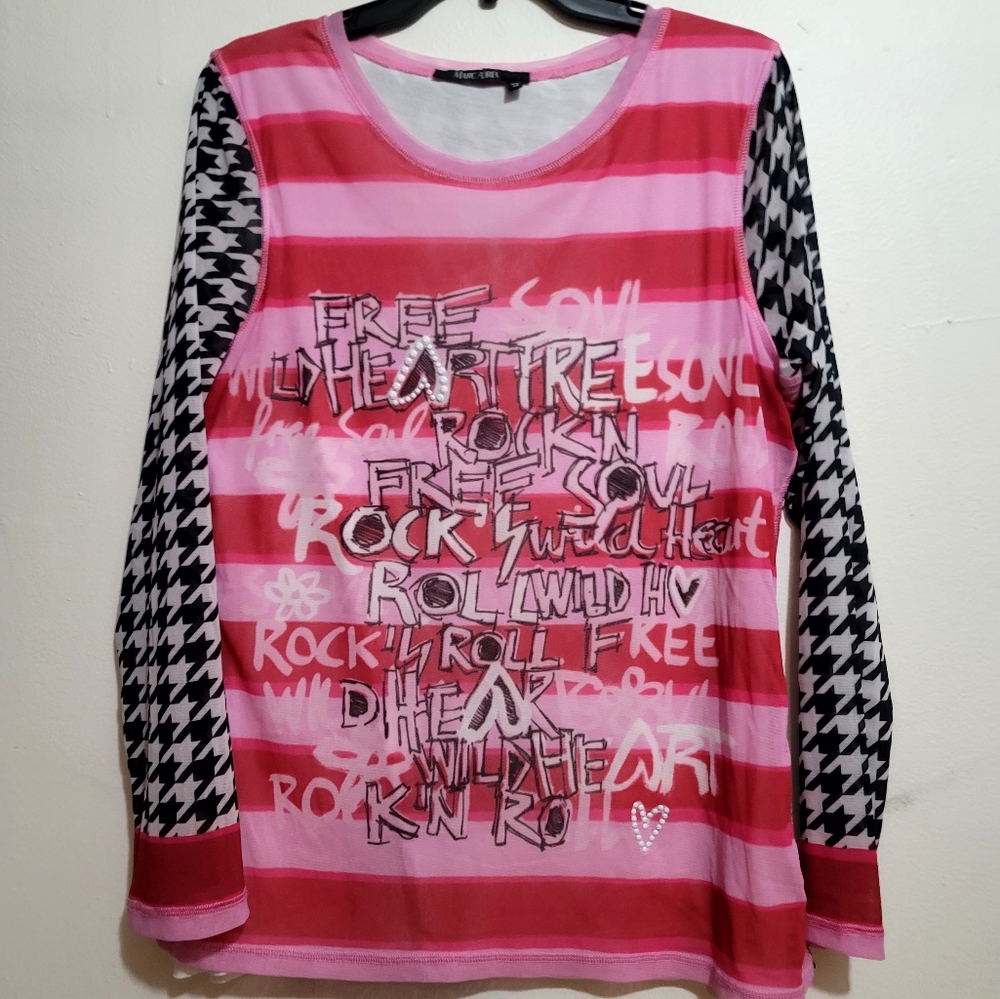 Marc Aurel Pink Free Rock & Roll Graphic Top Medium Stretch Colorblock
